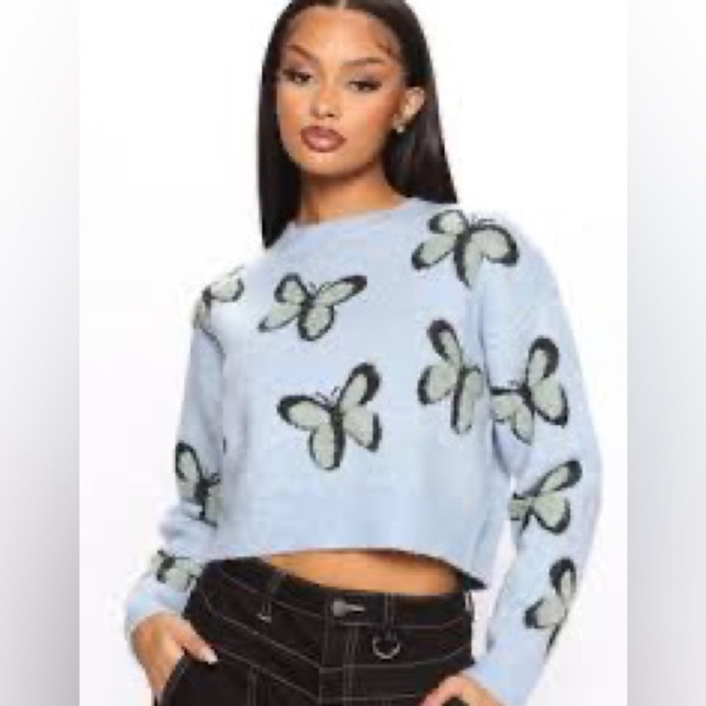 Dreamers Knit Baby Blue Butterly Knit Sweater X Small Oversized